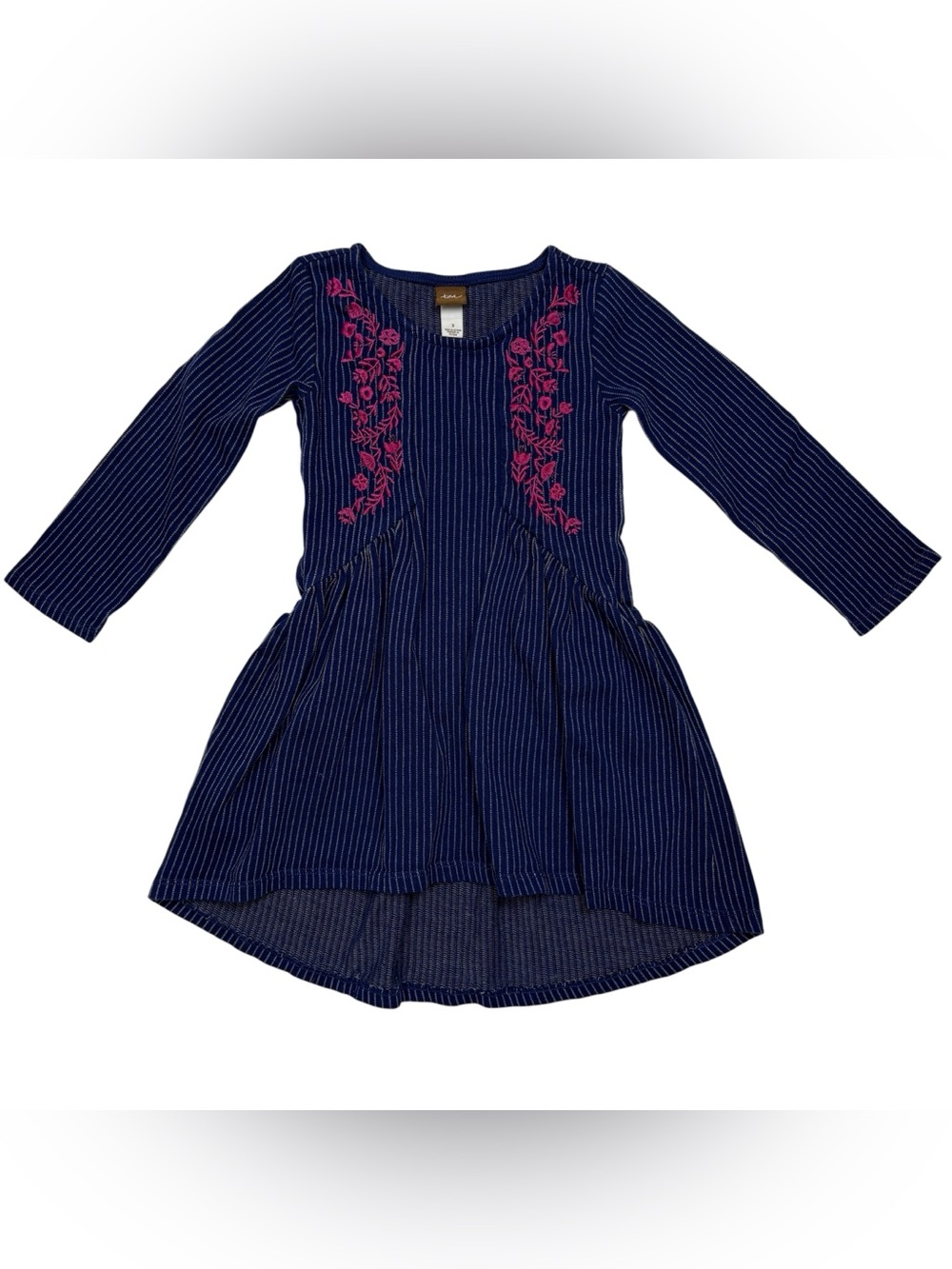 Tea Collection Girls Navy Pinstripe Floral Pink Embroidered Dress Size 3